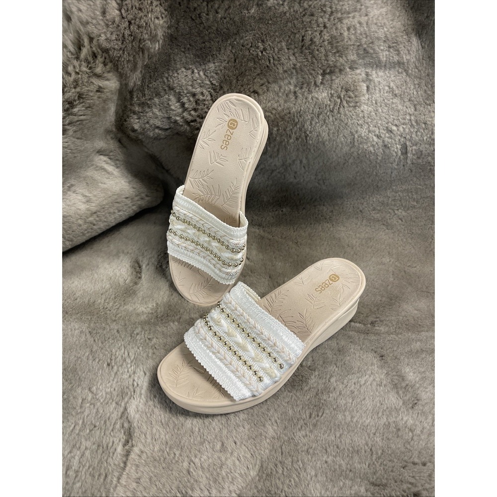 Bzees Sunshine Women's Slide Sandals WhiteBeaded Woven Comfort Wedge 7.5